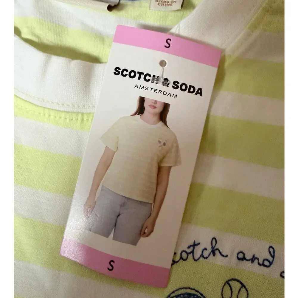 Scotch & Soda Boxy Striped Tee Tennis Racket Embroidered Women’s Size S - Picture 9 of 11